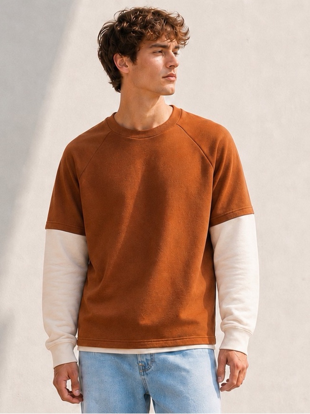 SHEIN Two-Tone Crewneck Sweatshirt in Rust and Cream